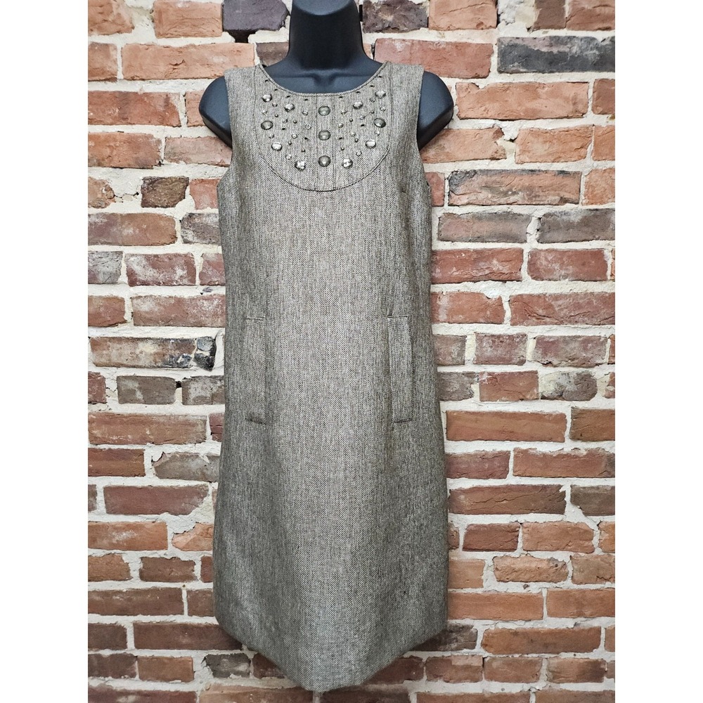 Michael Kors Shift Dress Womens Size 2 Brown Tweed Studded‎ Sleeveless Pockets